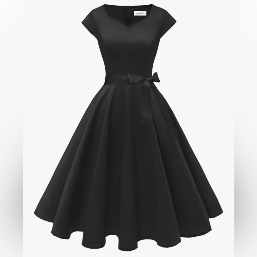 Vintage style Black Midi Dress with Cap Sleeves